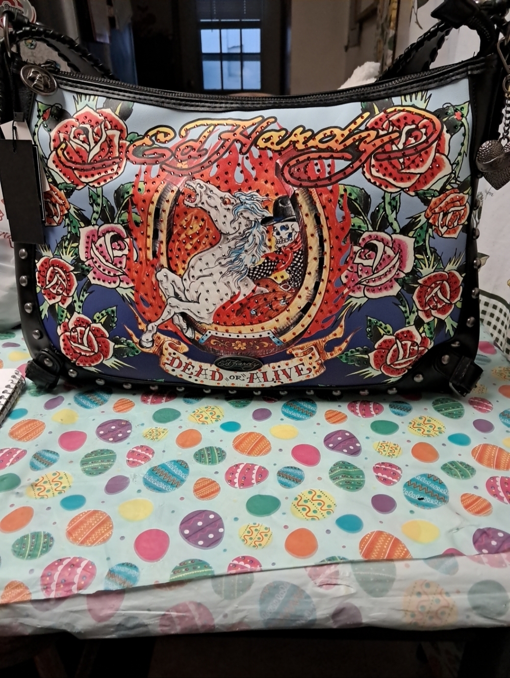 NWT. Ed Hardy Dead Or Alive Roses Skull Rhinestone Hobo Bag. Multi-colored